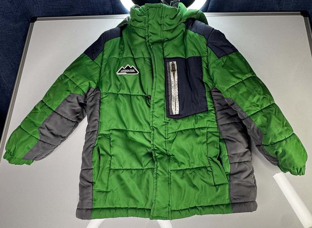 London Fog Winter Puffer Jacket Size L/7 Green Gray Hooded Coat